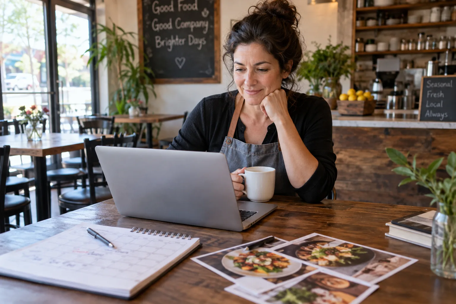 Restaurant owner reviewing plans on her laptop beside a calendar