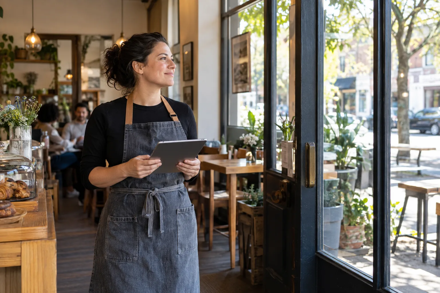 Cafe owner holding a tablet beside the entrance to her restaurant