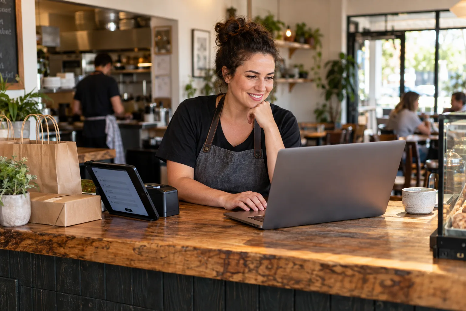 Restaurant owner reviewing her website on a laptop at the counter