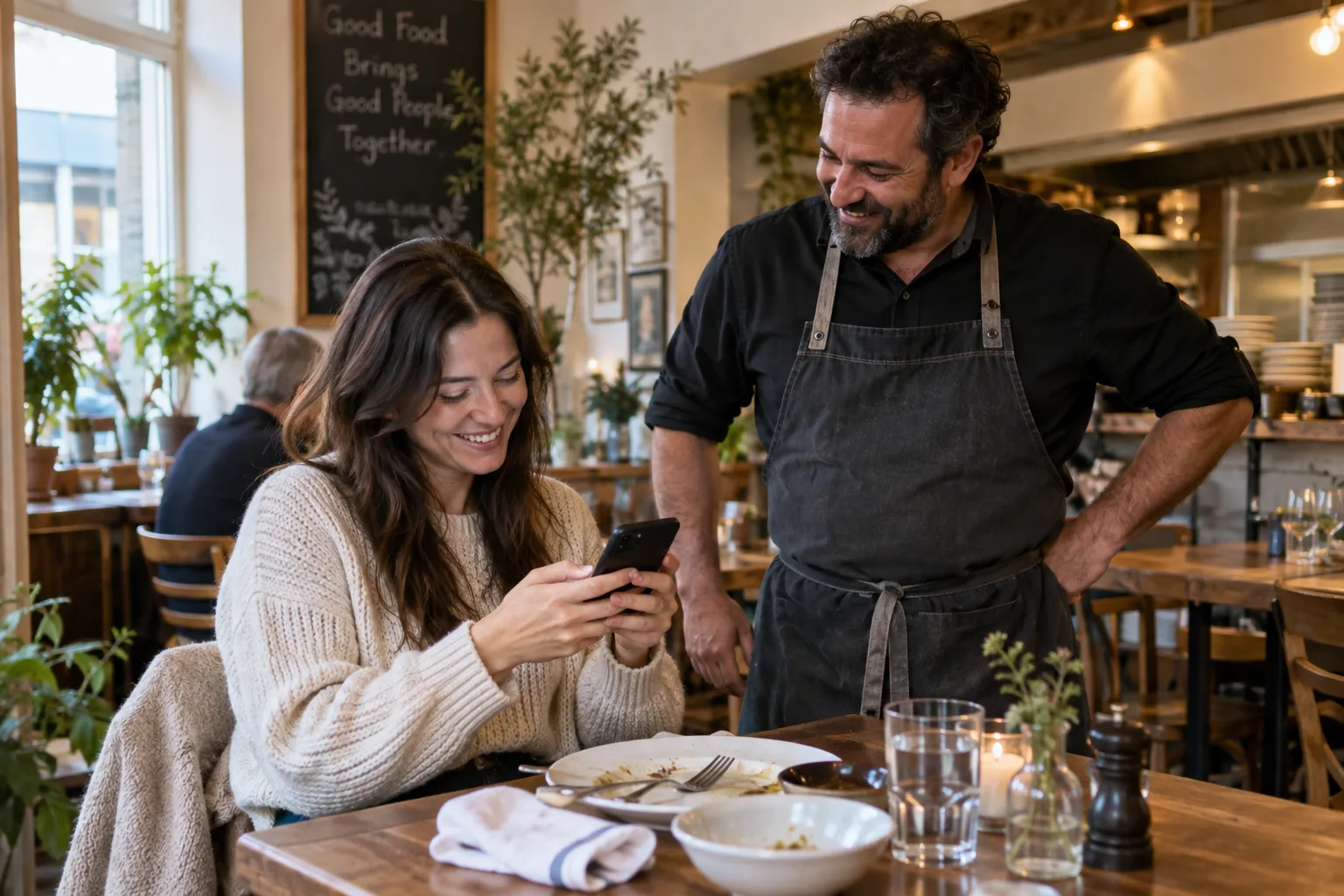 Customer using her phone after a meal while the restaurant owner looks on