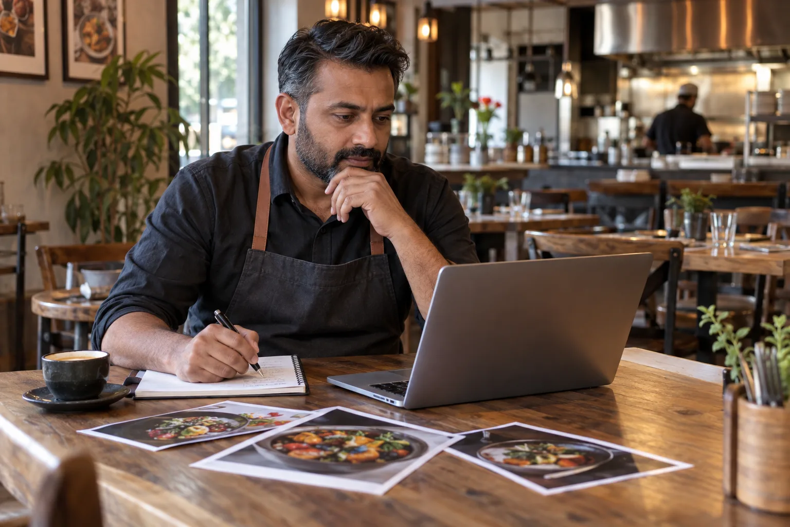 Restaurant owner planning a campaign on his laptop