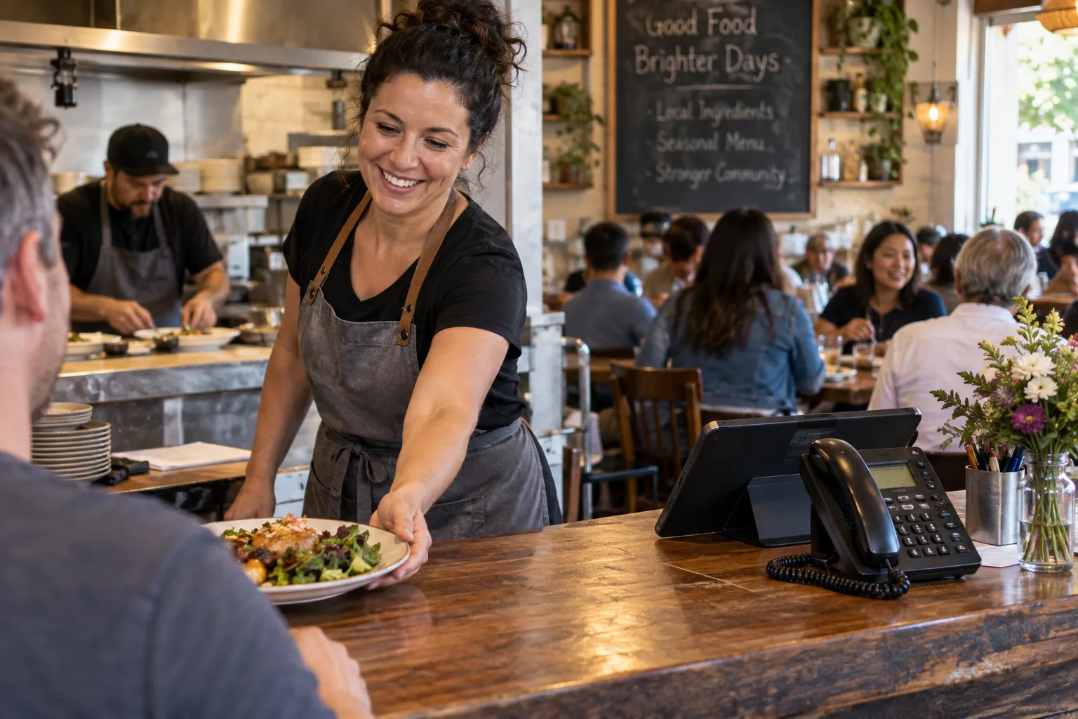 Restaurant owner serving a customer with a phone and tablet at the counter