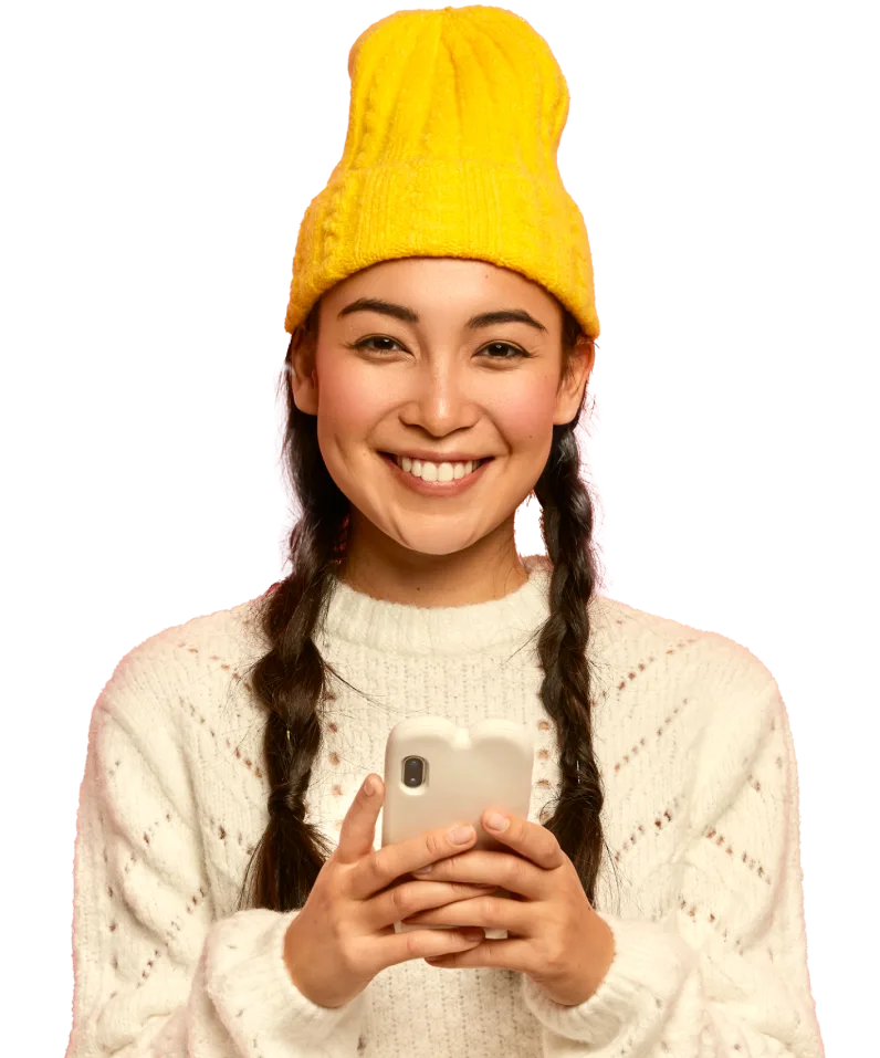 Smiling customer holding her phone