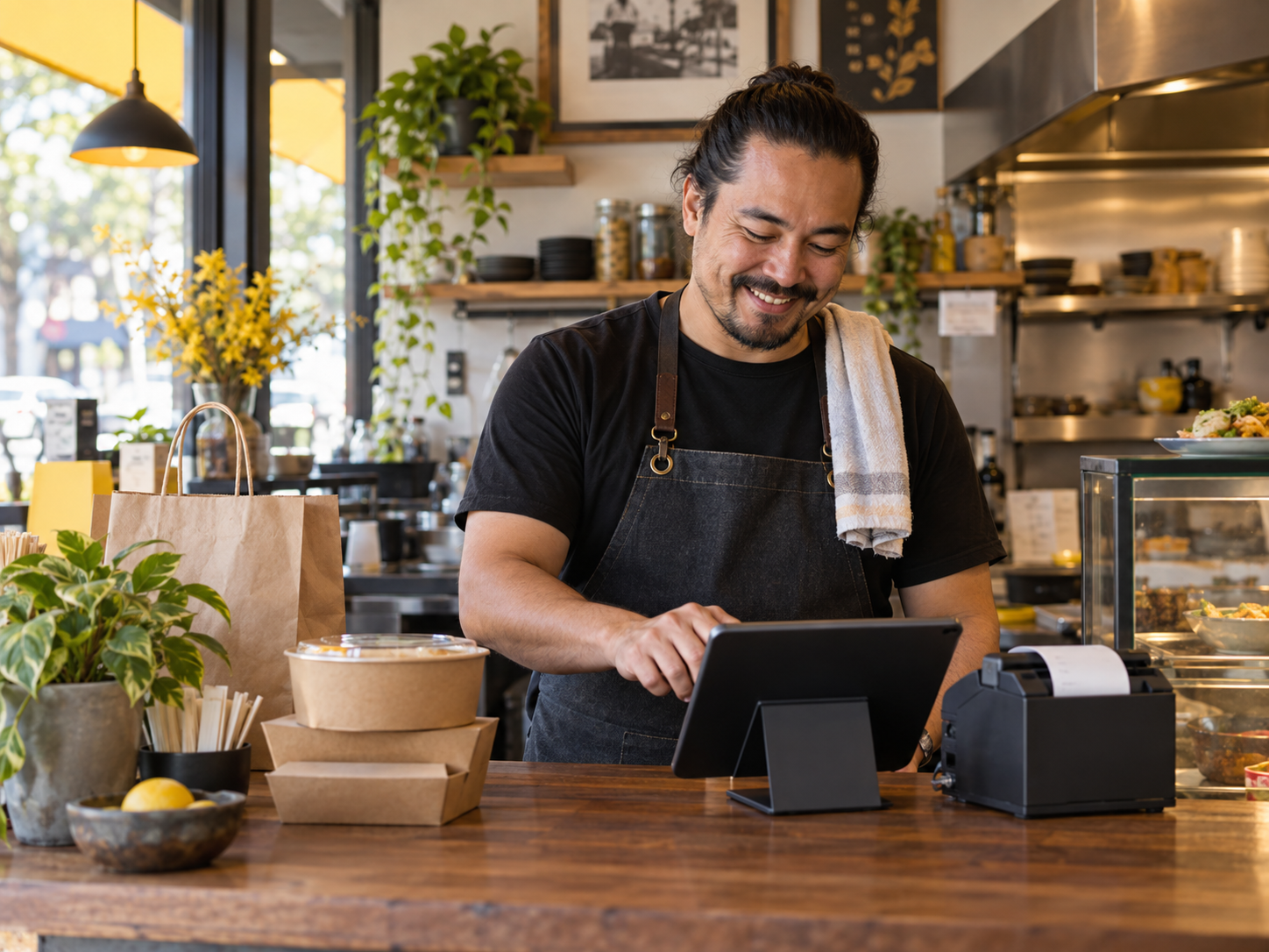 Restaurant owner receiving an order on a tablet at the counter